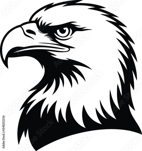 A black and white graphic illustration of an eagle head with a sharp beak and intense gaze design art