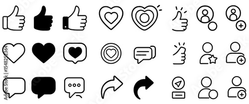 Social media notification, thumbs up, comment, share, follow, heart, collection button, engagement icons, user interaction symbols, vector illustration.