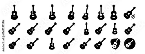 Guitar icon set. black Acoustic guitar isolated on transparent background, vector illustration