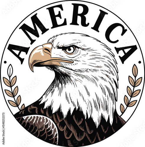 Illustration of an eagle head with america text in a circle with laurel branches around it