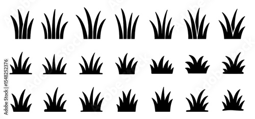 Black lawn grass icon set vector illustration isolated on white background, nature elements, garden design, landscaping, outdoor plants, botanical icons, eco friendly symbols.