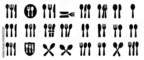 Spoon knife fork icon set, dining silverware silhouette, kitchen utensils, tableware collection, flat design, restaurant tools, utensil symbols, vector illustration.