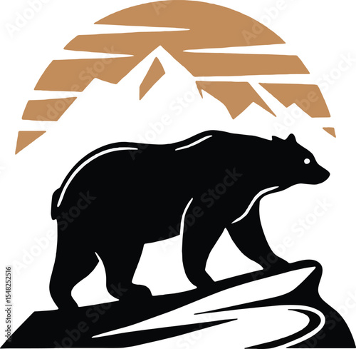 Minimalist bear silhouette standing on a rocky hill with a mountain and sunrise background. Ideal for outdoor adventure brands, nature conservation designs, and hiking apparel.