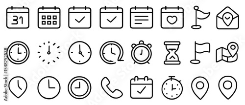 Address icon set, location, calendar, clock, date, time, vector illustration, navigation symbol, urban map marker, appointment, event schedule, business office, planning, organization.