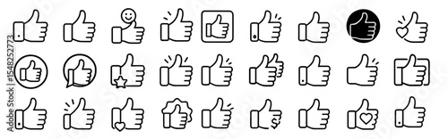 thumb up icon set, like symbol, line icon, vector illustration, approval, positive feedback, social media, vote, click, interaction, UI, user interface, hand gesture, communication, endorsement.