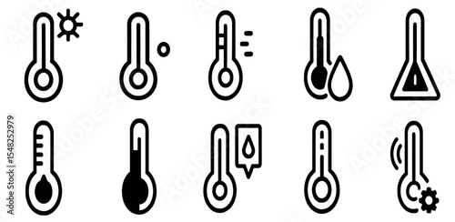 Thermometer icon set, temperature icon, temperature symbol, heat gauge, weather measurement, fever scale, medical tool, Celsius Fahrenheit, vector illustration, science, climate.