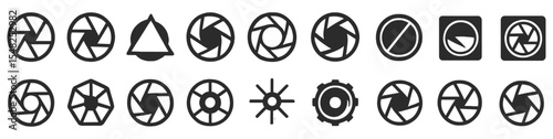Camera aperture icon set, lens diaphragm values, camera shutter icons, photography vector symbols, vector illustration, photo gear icons, professional equipment symbols.