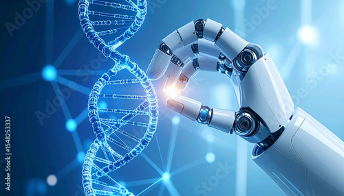 Robotic Precision: A close-up shot showcasing a robotic hand delicately interacting with a DNA strand, embodying the intersection of technology, science and the future.