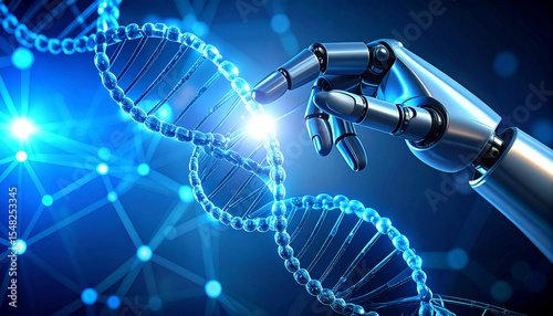 AI's Touch on Life's Code: A digital rendering merges advanced robotics with the biological marvel of a DNA helix, hinting at the intersection of innovation and life science.