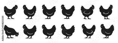 Hen silhouettes, farm chicken animal shapes, poultry logo design, livestock bird sketch, rural farming graphic, vintage silhouette artwork, vector illustration, agriculture, rustic style.