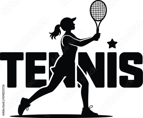 Silhouette of a woman playing tennis with the word tennis in bold letters and a star on a white background