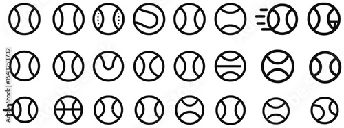 Tennis ball icon set in line style, isolated vector illustration, minimalist tennis sport icons, flat outline tennis equipment, racket sport graphic collection, athletic elements.