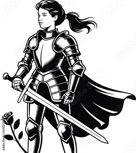 A woman in armor with a sword and cape standing next to a rose in a black and white illustration