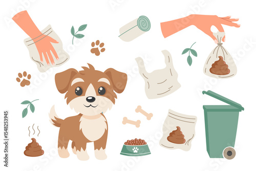 Clean up after your dog concept set. Pet care, environmental awareness and waste disposal. Illustration for social signs, pet products.