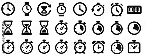 Clock icon set, stopwatch symbol, hourglass icon, watch icon, sandglass time, countdown timer, timers icon, time management icons, productivity elements, vector illustration.