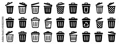 Trash bin icon, trash can open icon, garbage container, recycle bin, waste basket, office bin, litter icon, sanitation symbol, disposal container, cleanup element, vector illustration.