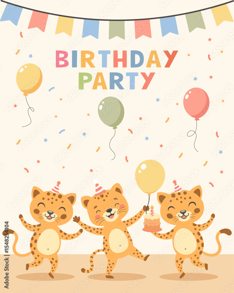 Naklejka premium Birthday party invitation card with cute leopards and gifts. Birthday greeting card. Illustration for postcard, invitation, poster, print.