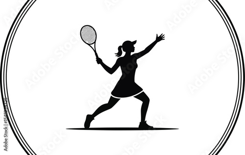 Silhouette of a woman playing tennis with a racket in a white background with a circular border design