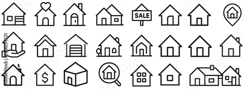 House icon set, real estate symbols, home building, property signs, vector illustration, architecture design, residential, urban, construction, modern housing, vector illustration.