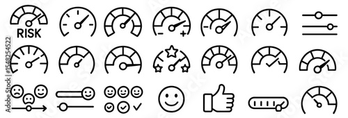 Scale meter, risk indicator, speedometer gauge, satisfaction sign, performance measurement, progress dial, business analytics, vector illustration.