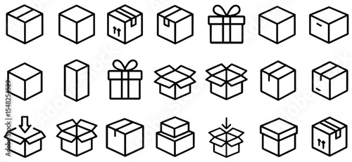 Box icon set, delivery box, open package, outline box, gift box, flat style, packaging design, shipping container, parcel, carton, storage, ecommerce, vector illustration.