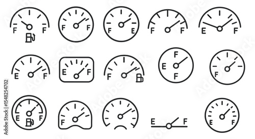 Full fuel gauge icon set, vector illustration, automotive icons, dashboard symbols, energy indicator, car meter, gas level, speedometer style, vehicle instrument panel.