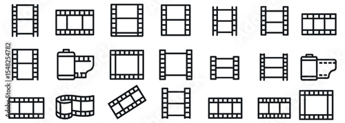 Film strip icon set, video roll, tape frame, cinema reel, movie clip, media design, vector illustration, retro film, motion picture, storyboard, cinema equipment, vector illustration.