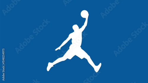 Silhouette of a basketball player jumping with a ball against a blue background in a dynamic pose