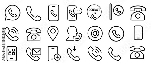 Phone icon set, chat bubble, telephone call, mobile call, cell phone, contact symbol, communication, message, calling, vector illustration, user interface, technology, smartphone, telecommunication.