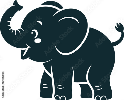 Illustration of a cartoon elephant with a raised trunk and a happy expression on a white background