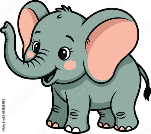 A cartoon elephant with large ears and a raised trunk stands on a white background smiling sweetly