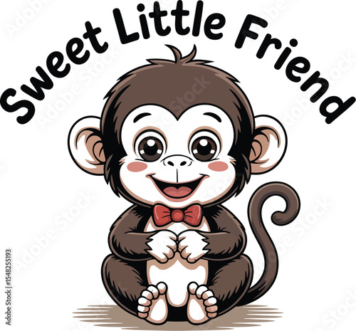 A cartoon monkey with a bow tie sitting under the text sweet little friend on a white background