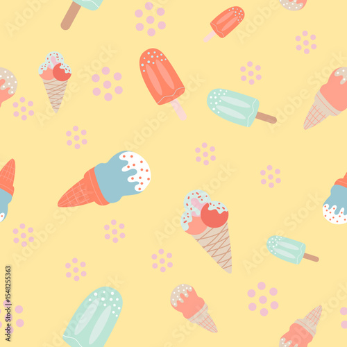 Cute seamless pattern with various ice cream treats on a light yellow background, perfect for summer designs.