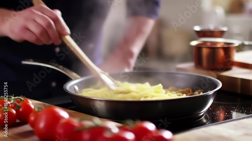 Chef preparing delicious pasta dish with fresh tomatoes in modern kitchen