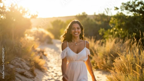 A woman walks cheerfully down a sandy path Golden sunlight filters through dry grass and trees creating a warm happy scene The simple white dress complements the natural setting