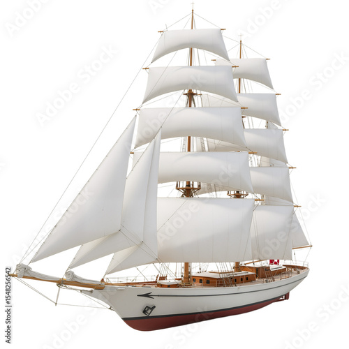 Sleek Sailboat with White Sails and Polished Hull Against White Background