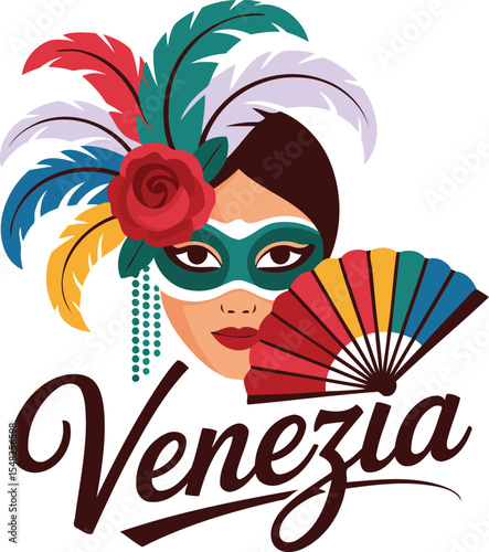 Venetian masquerade woman with colorful feathers and hand fan