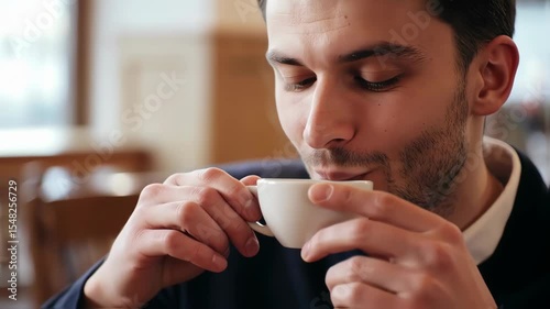 Content Man Enjoying Coffee Break in Cafe, Close-up Shot of Coffee Time