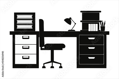 Office Desk with Drawers and Chair Silhouette - Workspace Silhouette Vector