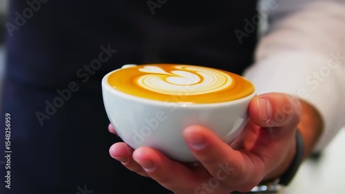 Close-up of barista pouring milk to make latte art on cappuccino coffee