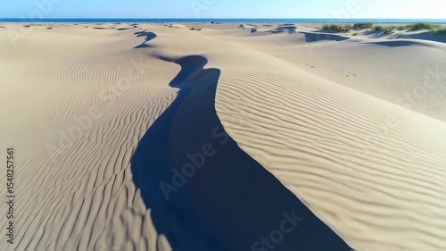 Aerial View of Majestic Sand Dunes with Wavy Patterns and Ocean Backdrop