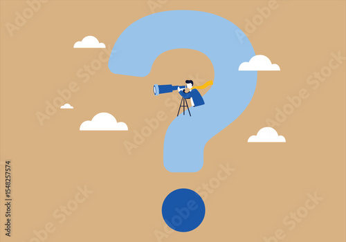 Future Vision Exploration: Man with Telescope Standing on Giant Question Mark, Searching for Solutions, Uncertainty, Discovery, and Business Strategy
