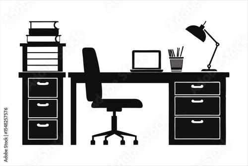 Office Desk with Drawers and Chair Silhouette - Workspace Silhouette Vector