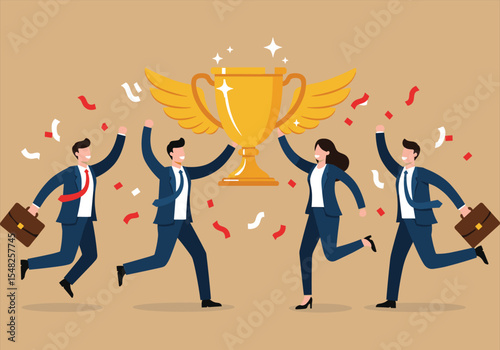Team Success Celebration: Business people cheering and holding a golden trophy, symbolizing achievement, teamwork, victory, partnership, winning, collaboration, triumph, competition