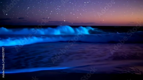Mesmerizing Bioluminescent Waves Sparkling Under a Starry Night Sky