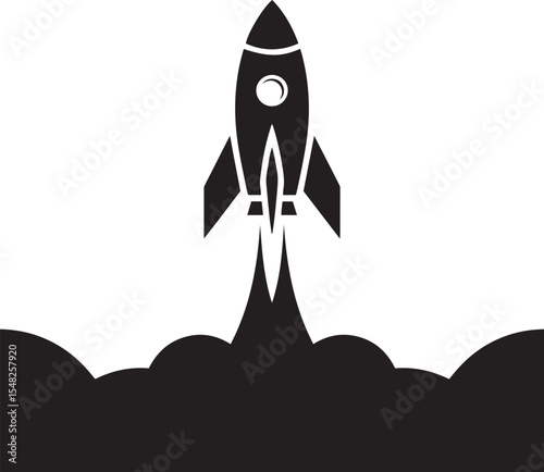Black and white rocket launching upwards, leaving a trail of smoke