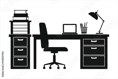 Office Desk with Drawers and Chair Silhouette - Workspace Silhouette Vector