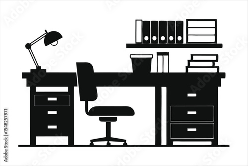 Office Desk with Drawers and Chair Silhouette - Workspace Silhouette Vector