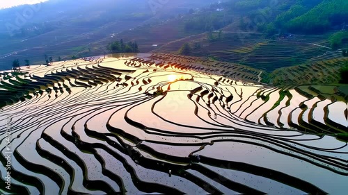 Aerial Scenery of Yuanyang Rice Terraces in Yunnan, China at Sunrise