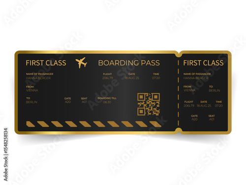 Realistic Airplane Ticket. Black and Gold. First Class. Vector. Premium Ticket